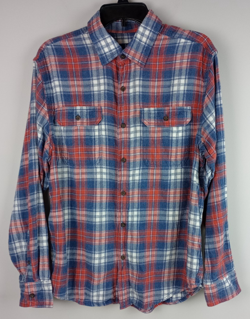 George Mens M Red White Blue Plaid Flannel Long Sleeve Button Up Shirt‎